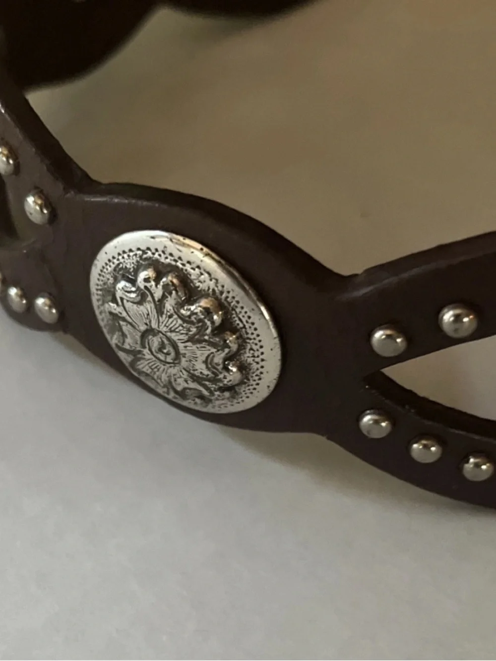Women’s Adjustable Leather Belt with Silver Buckle and Conchos; Leather 40” long